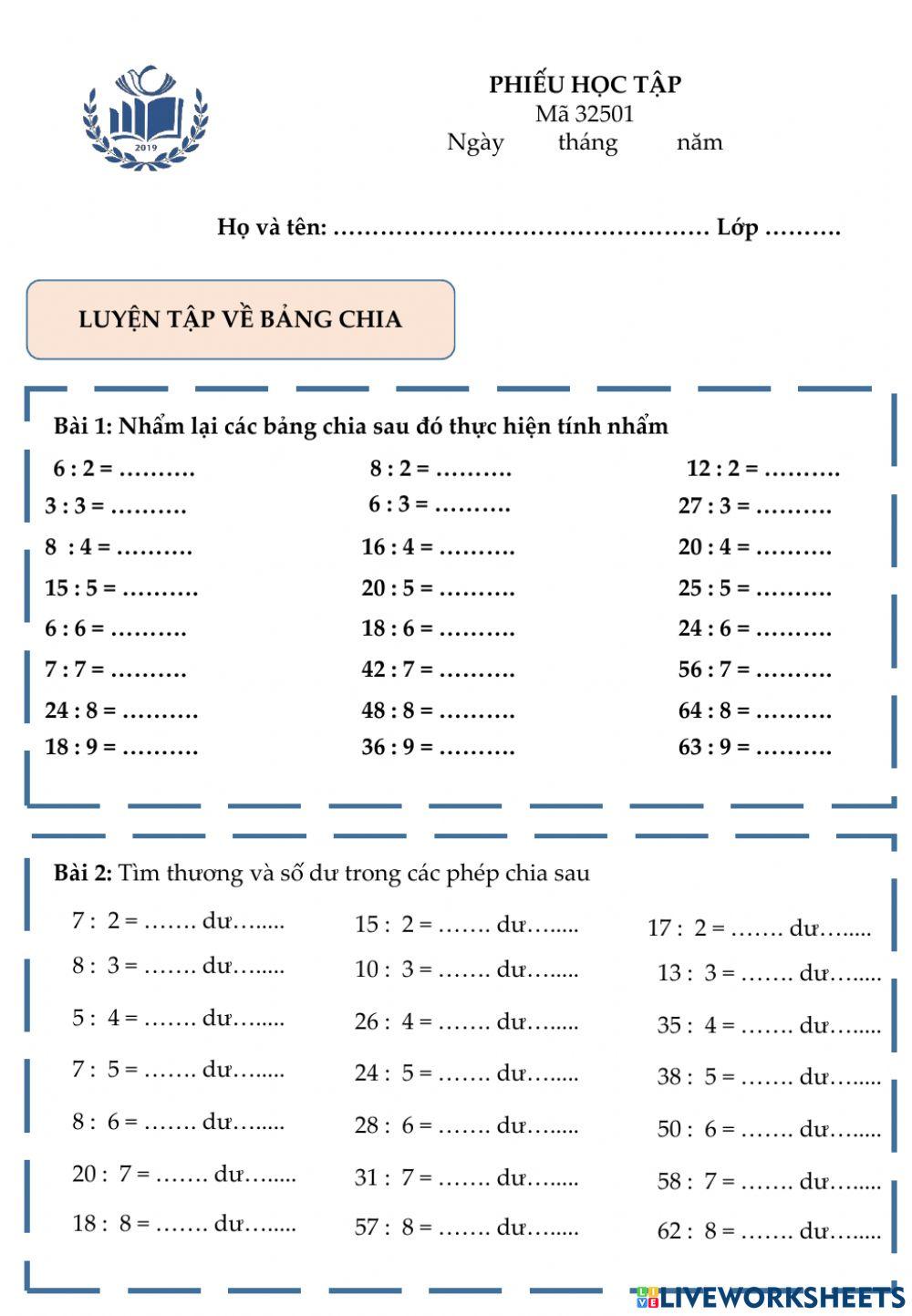 Bảng chia - chia có dư