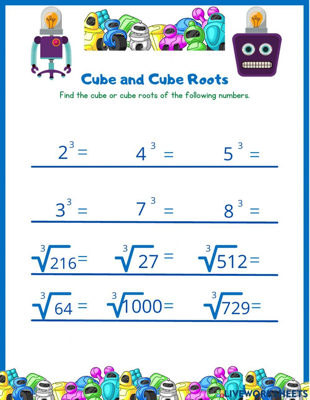 Square, square roots, cube and cube roots online exercise for | Live ...