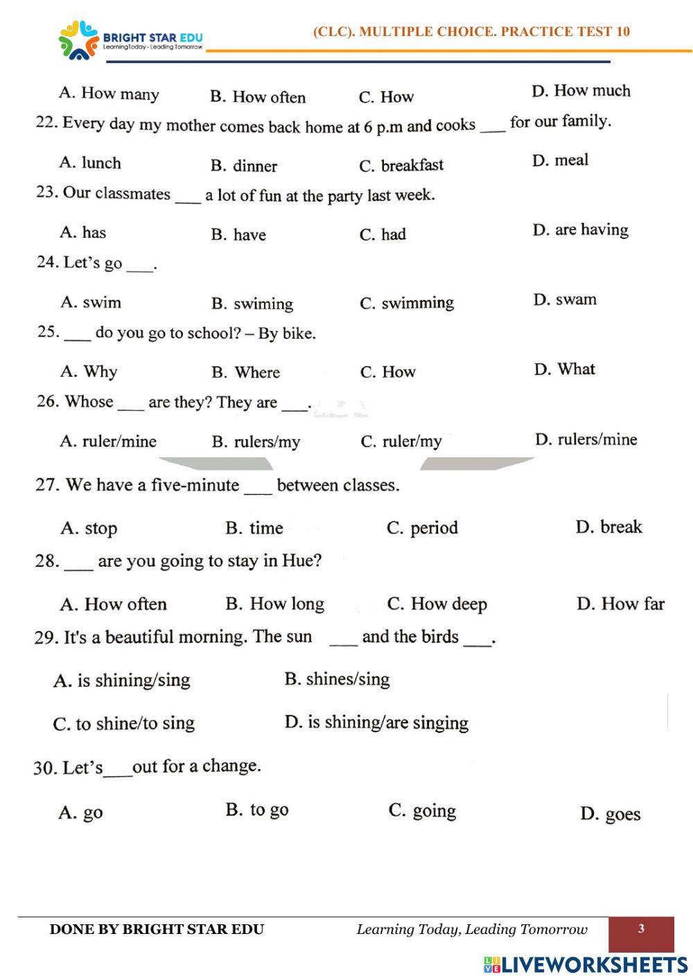 (CLC).Multiple choice. Practice test 10
