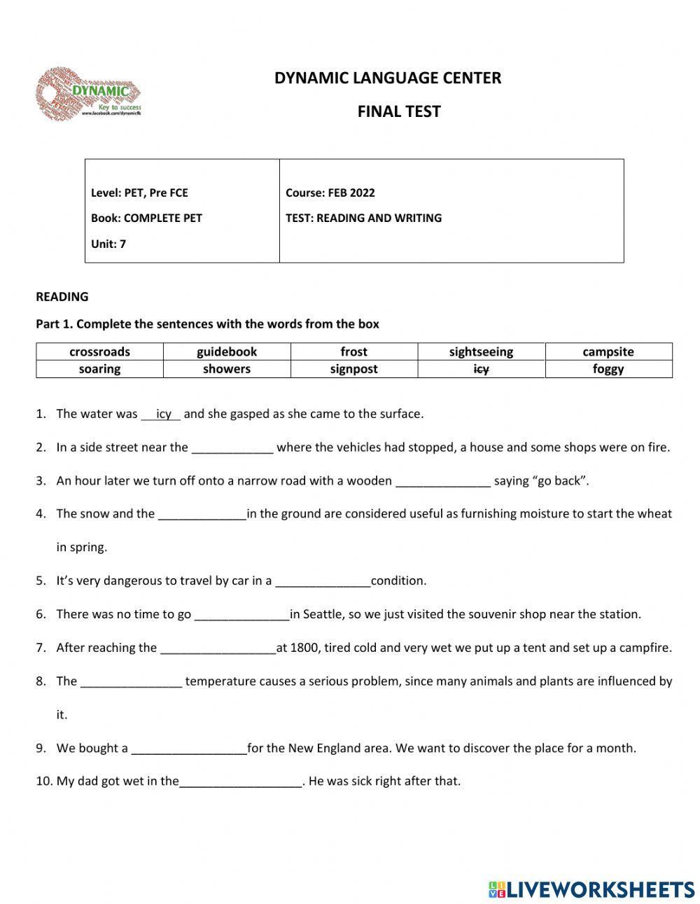 Complete pet - final test - unit 7 - r&w