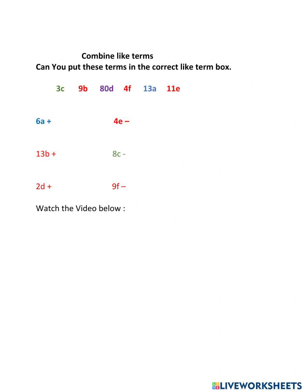Combining Like Terms interactive exercise Live Worksheets