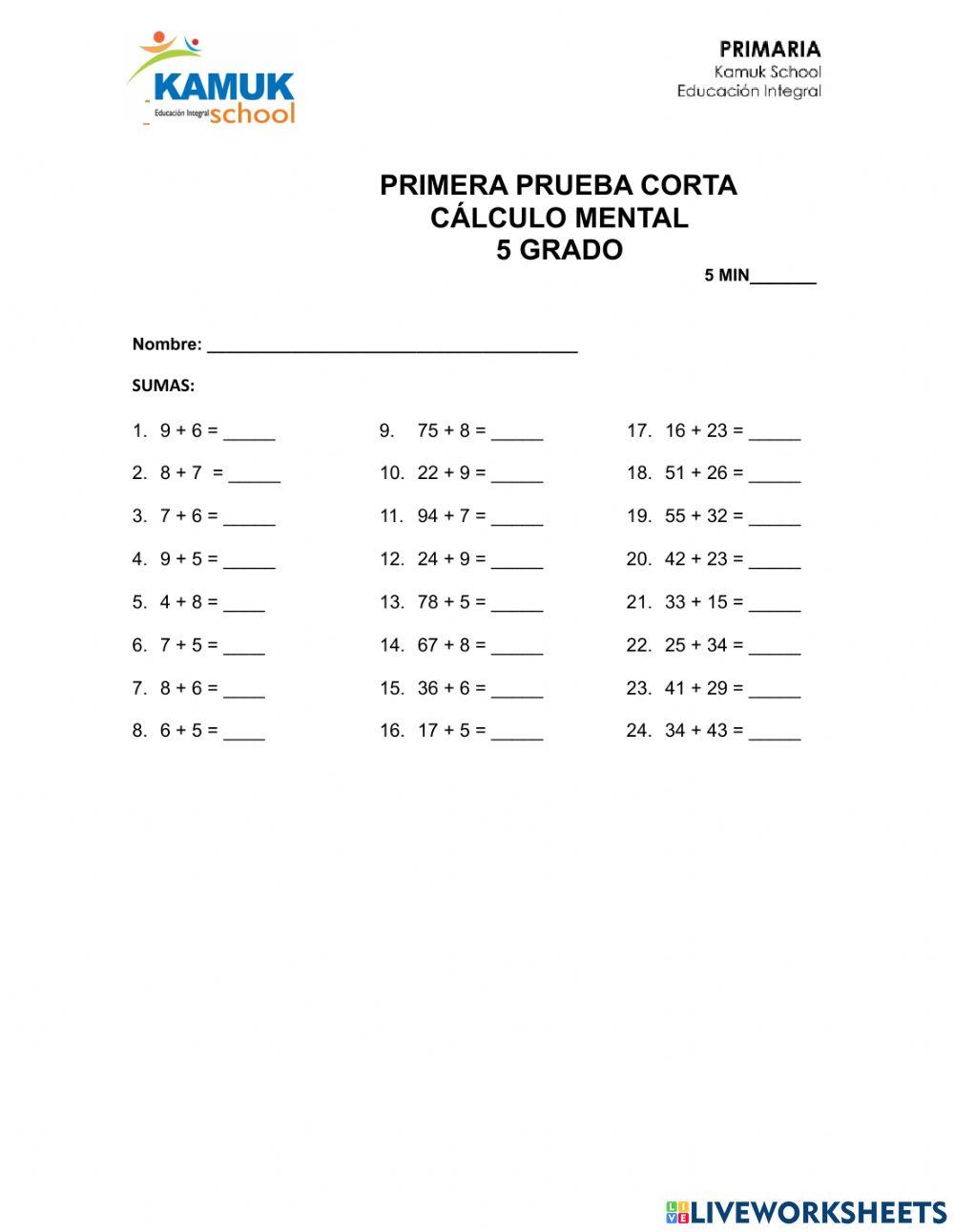 Primera prueba corta de cálculo 5 grado