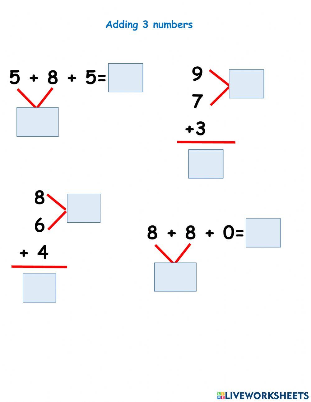Adding 3 numbers online worksheet | Live Worksheets