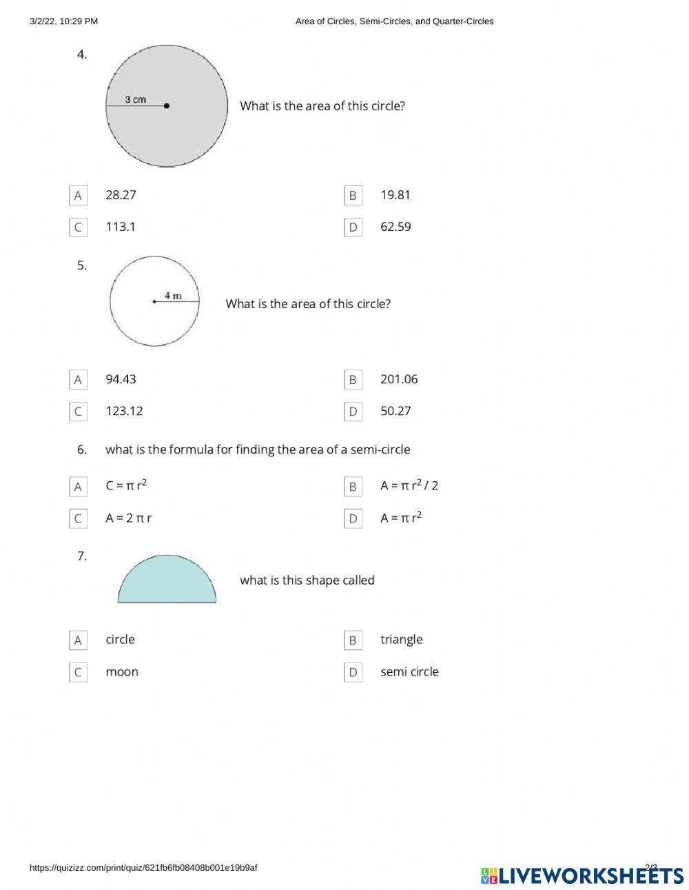 AREA OF CIRCLE FOR GRADE 7