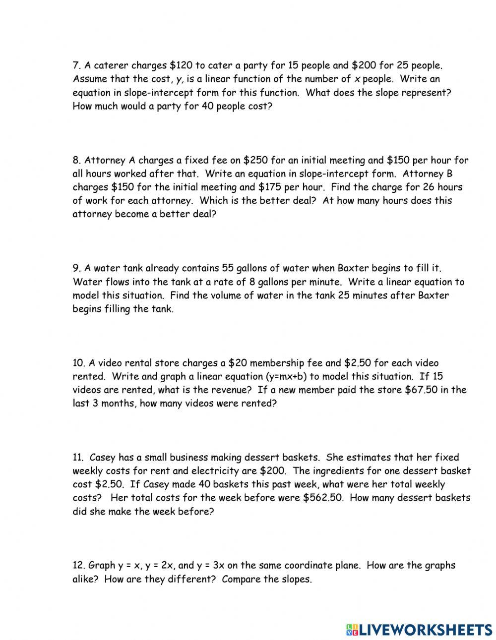 Writing Linear Functions from Word Problems