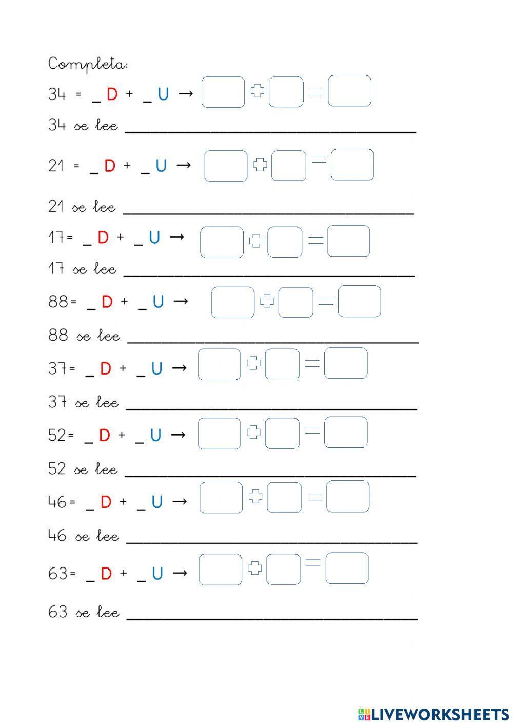 Descomposición decenas y unidades