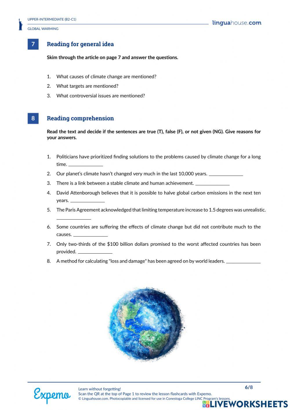 Climate change reading comprehension questions online exercise for