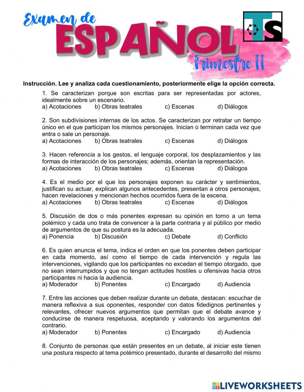 Examen español segundo trimestre