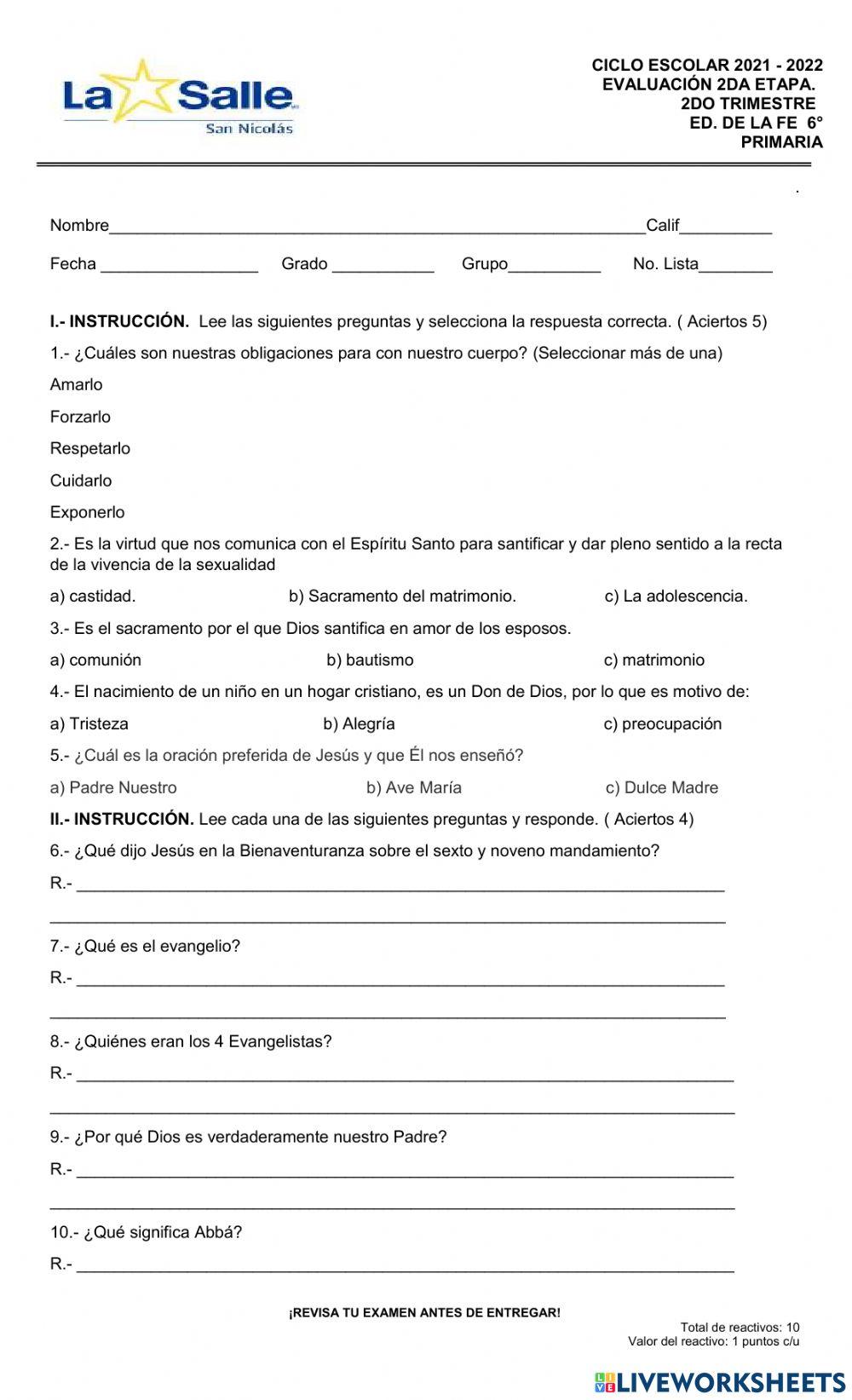 Evaluación Mensual de Fe de Marzo