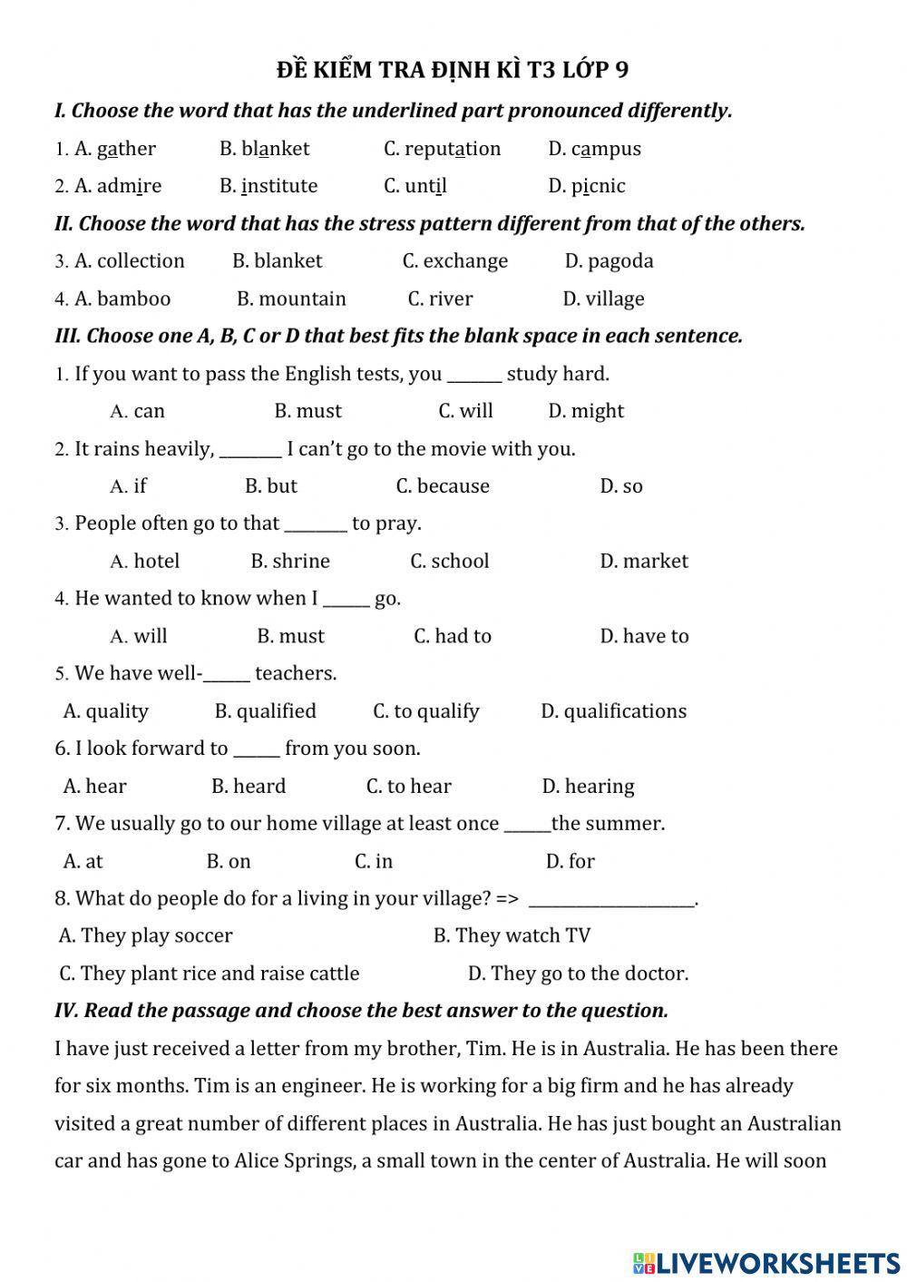 Đề kiểm tra định kì tháng 3 khối 9