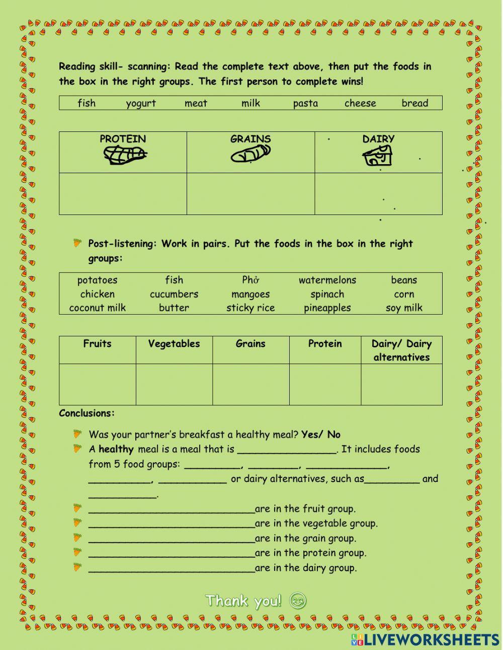 Listening and Reading: Build a healthy meal