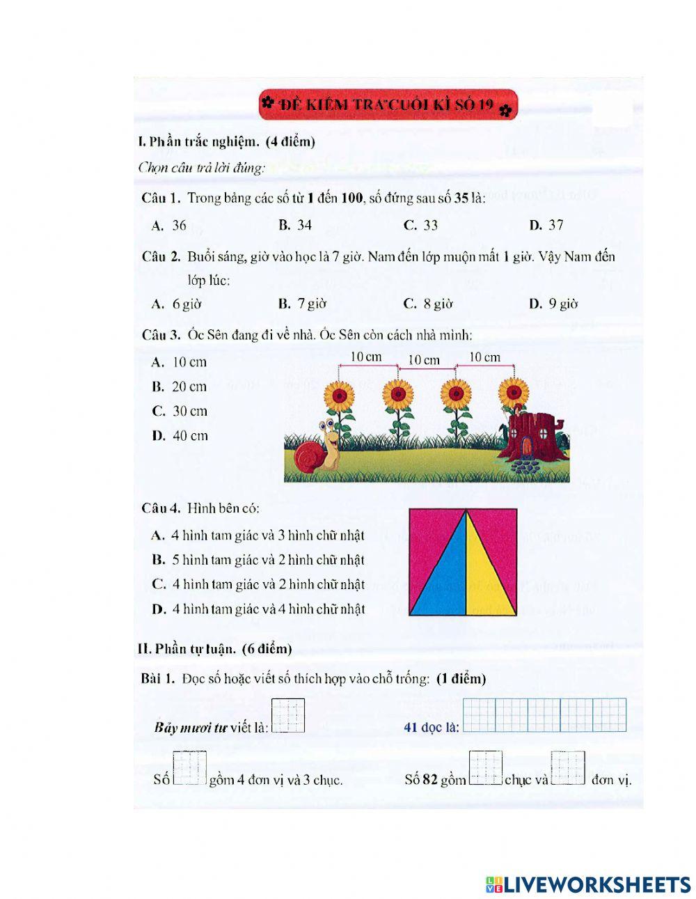 Toán 1 - Đề kiểm tra tuần 19 HK2