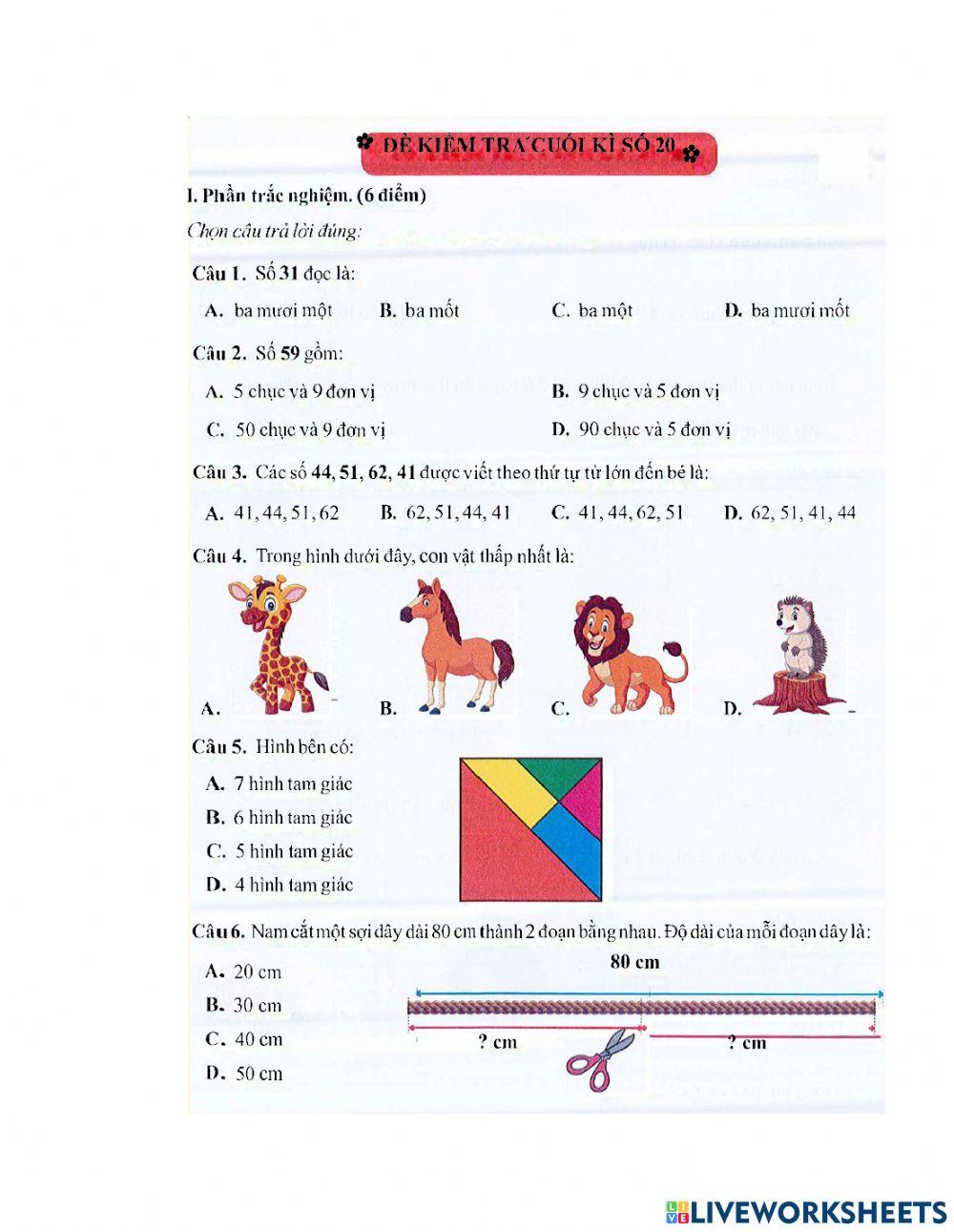 Toán 1 - Đề kiểm tra tuần 20 HK2
