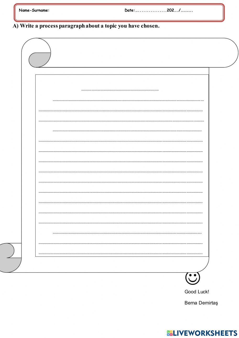 Process paragraph writing sheet