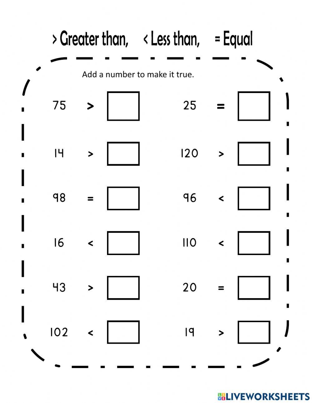 Greater than, less than, equals interactive worksheet | Live Worksheets