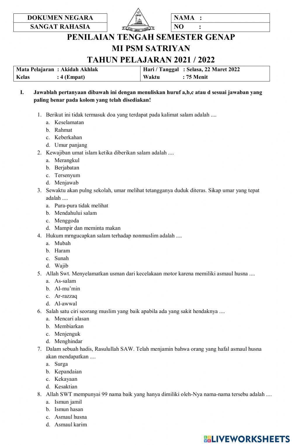 Soal PTS Genap Mapel Akidah Akhlak