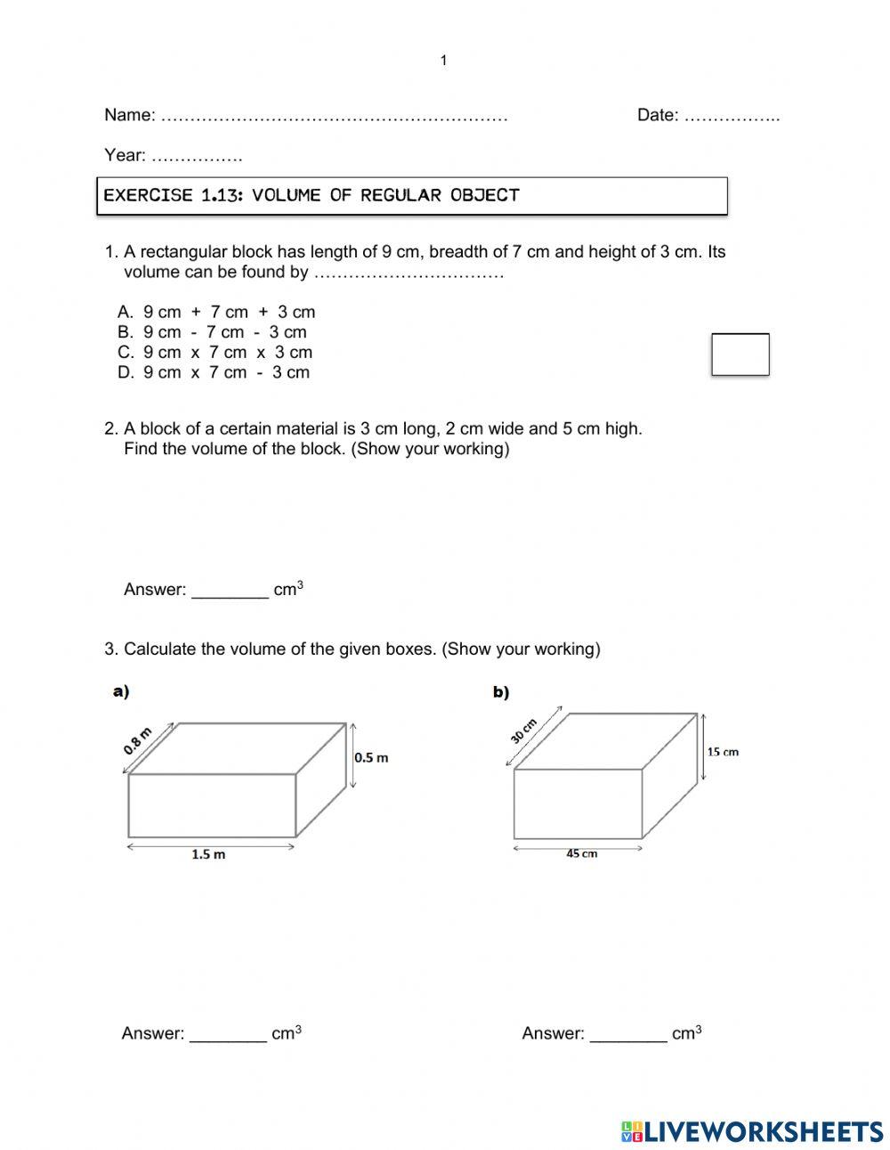 Exercise 1.13 (volume of regular object)