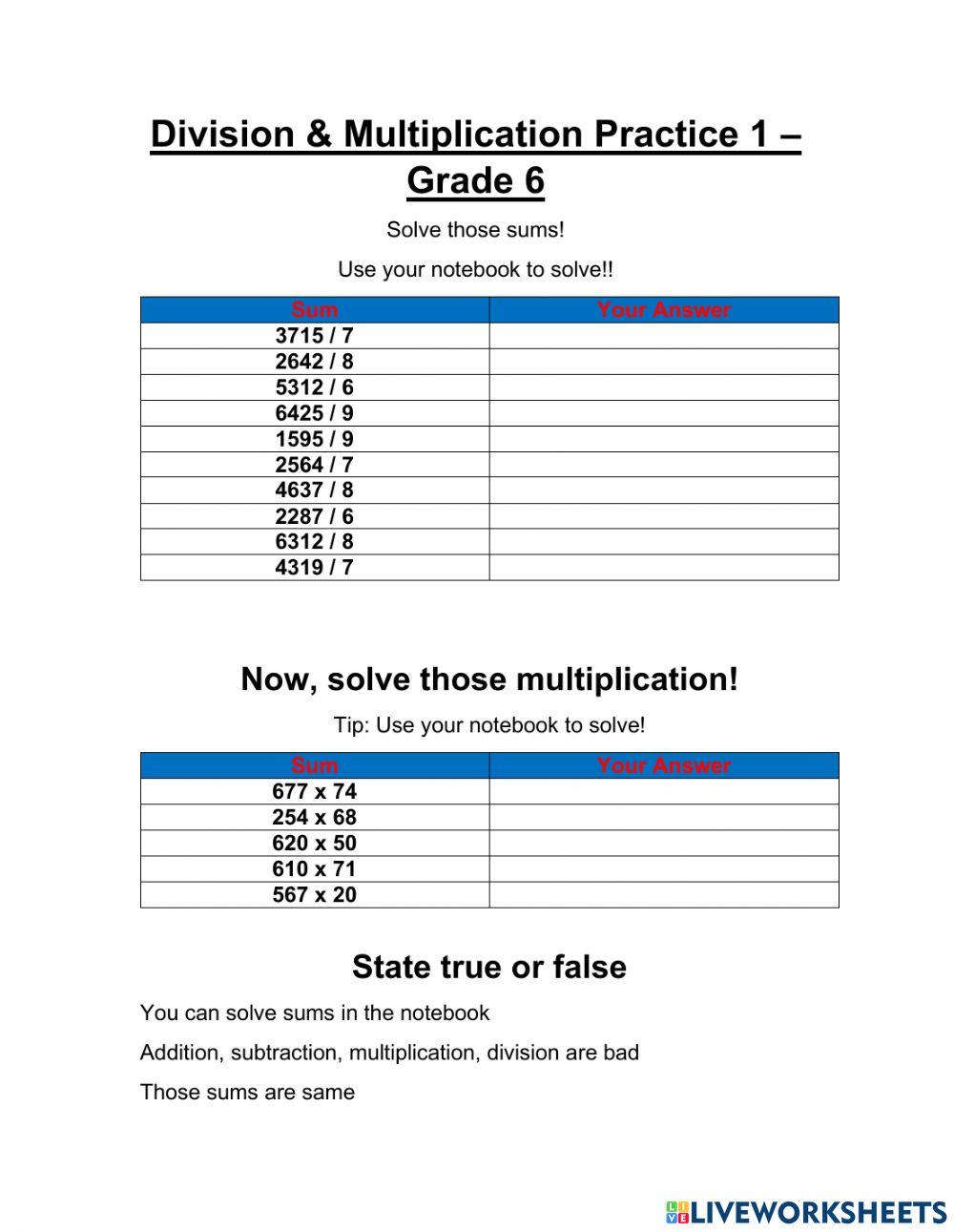 Grade 6- Division & Multiplication Practice 1