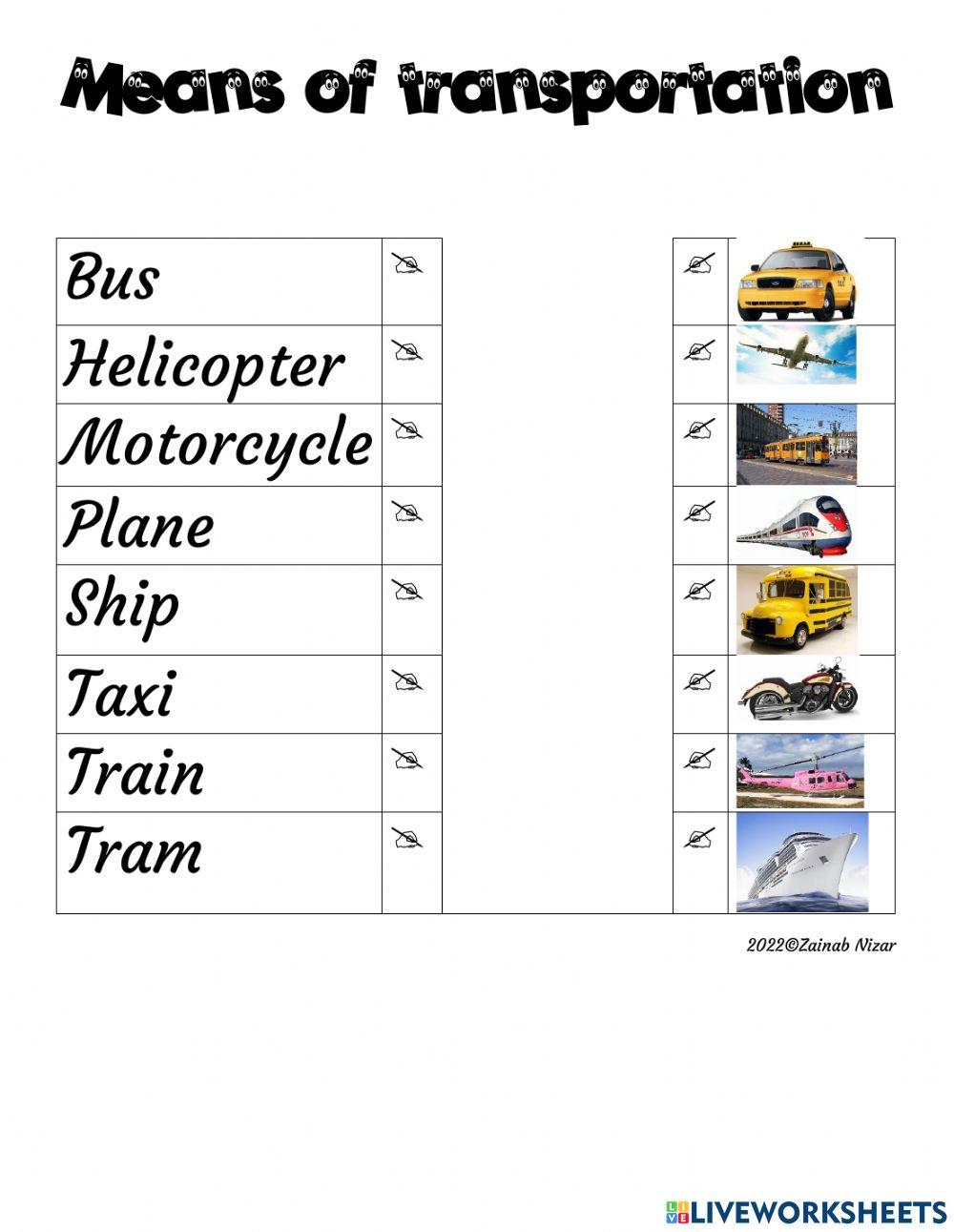 Means of Transportation online pdf worksheet