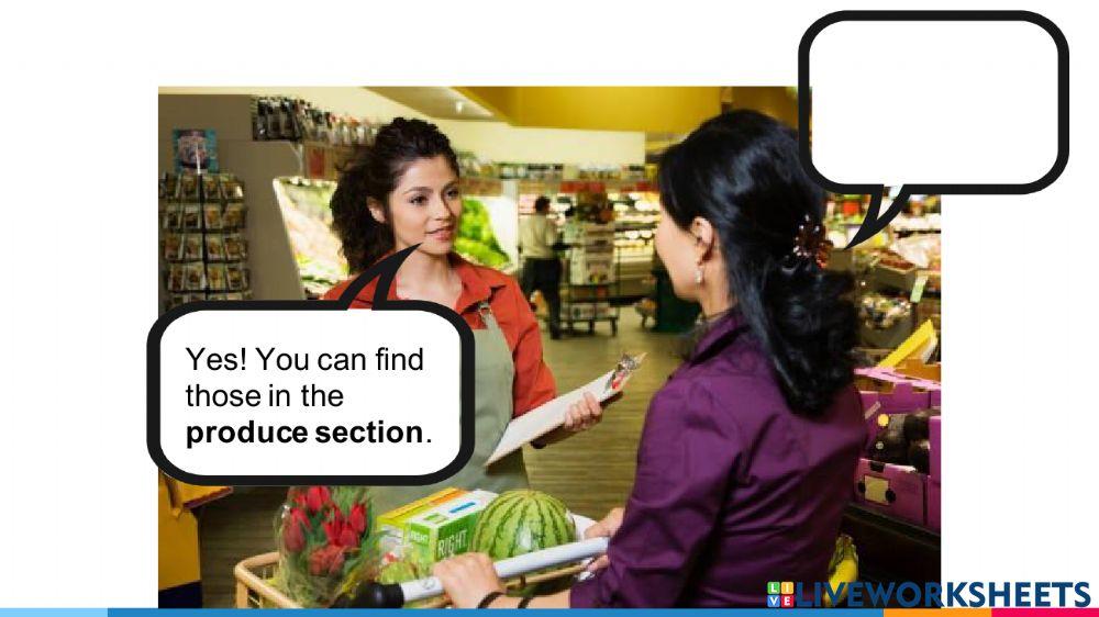 Ask for help in the grocery store speech bubbles