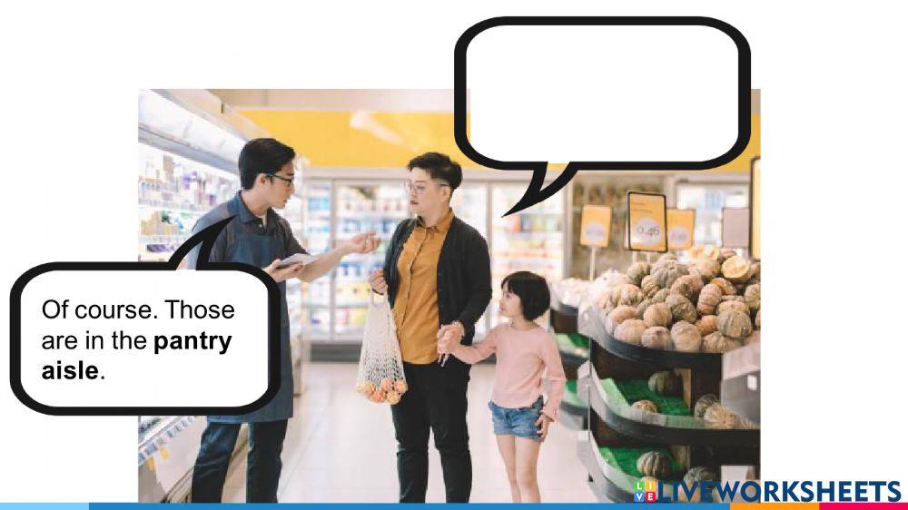 Ask for help in the grocery store speech bubbles