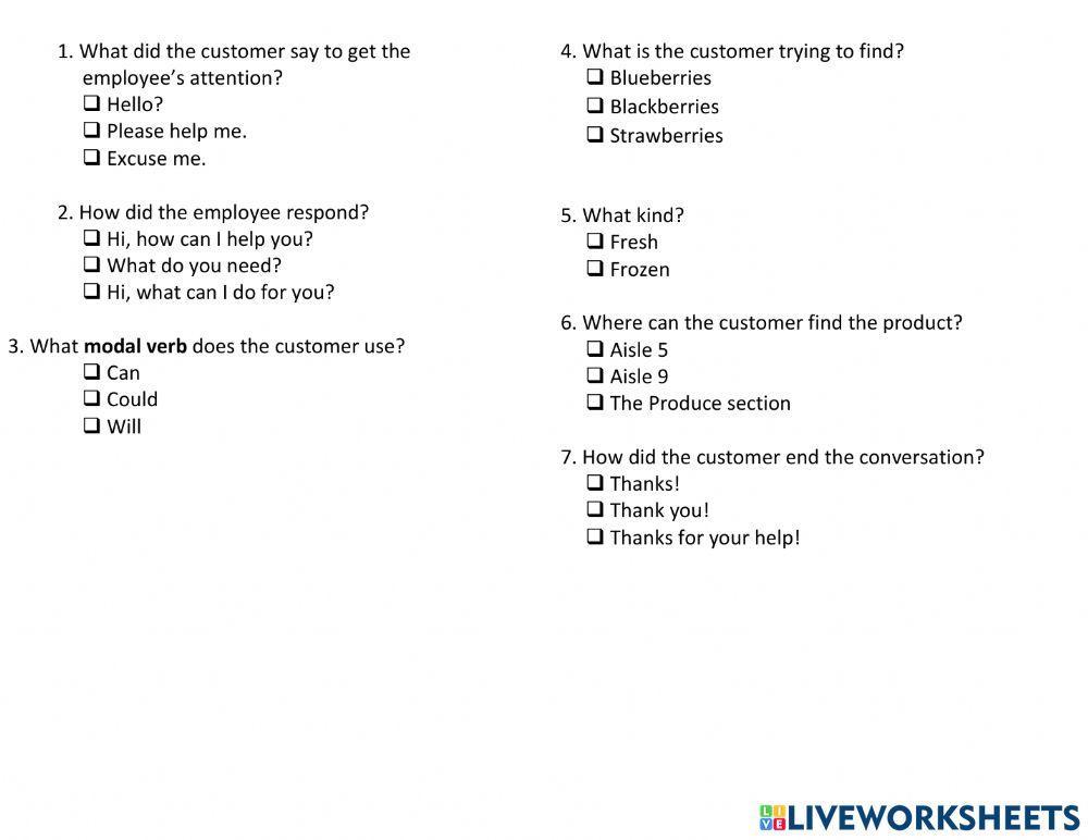 Asking for help in the grocery store listening activity