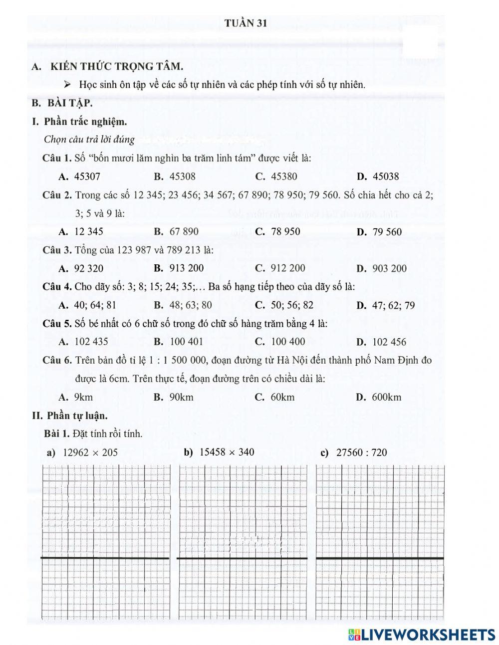 Toán 4 - Tuần 31 Bài tập