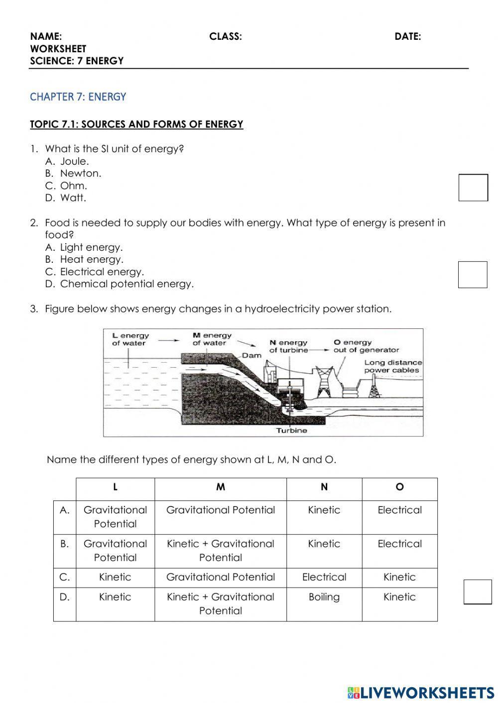 Science - 7 - Energy worksheet