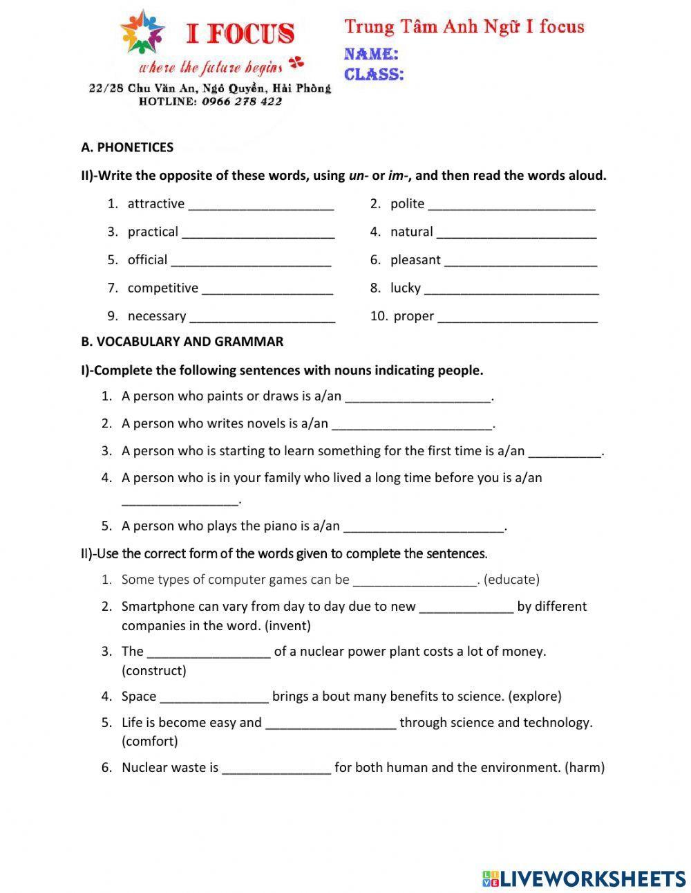 Lớp 8 Unit 11 Test A