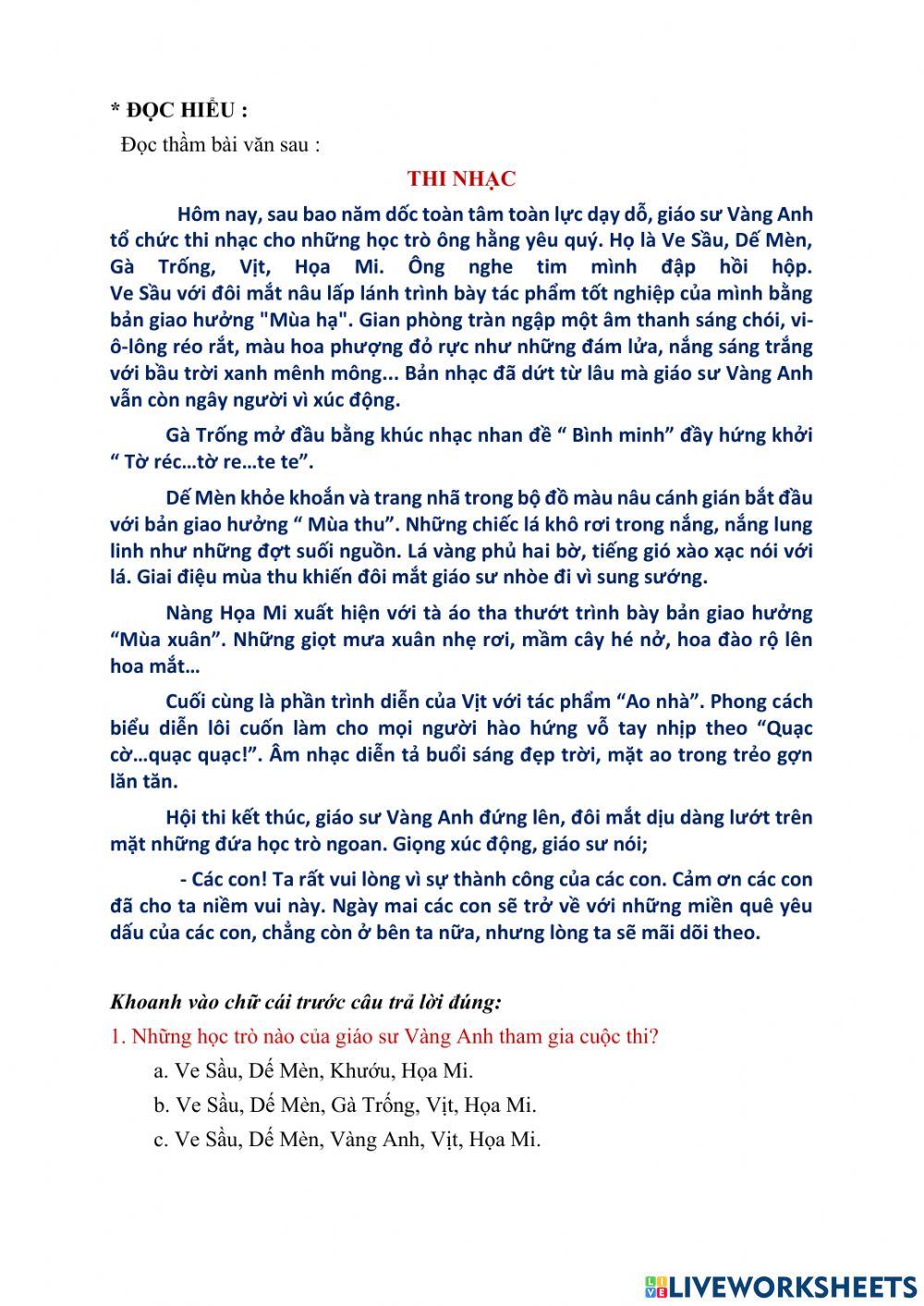 Đề khảo sát Tiếng Việt giữa HK2