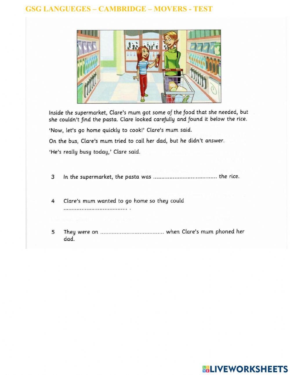 MOVERS READING MOCK TEST