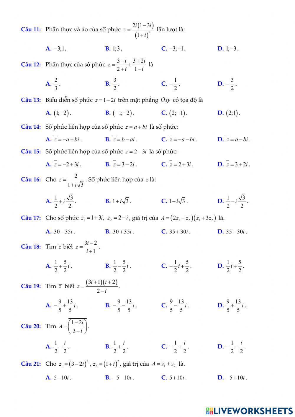 Chủ đề. Các phép toán trên tập số phức