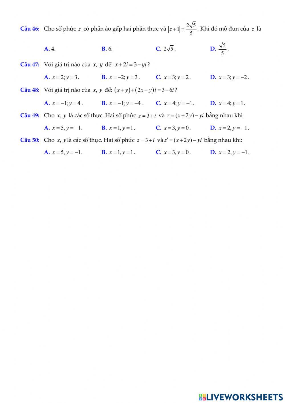 Chủ đề. Các phép toán trên tập số phức