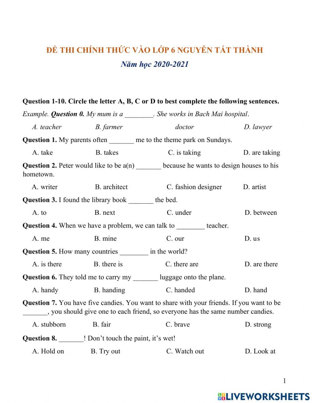 Đề Anh vào 6 NTT 2020-2021