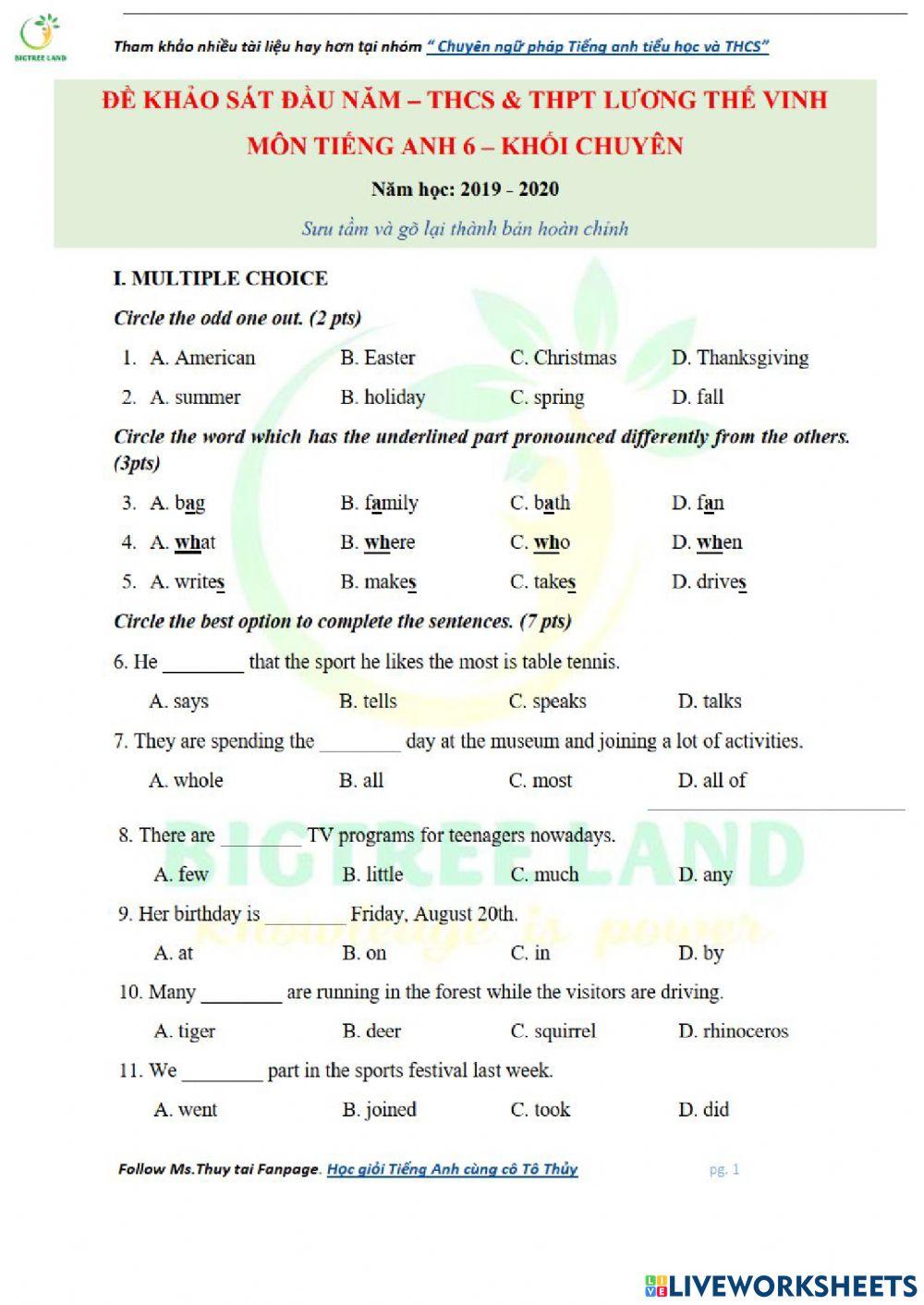 Đề Anh đầu năm 6 LTV vào Chuyên