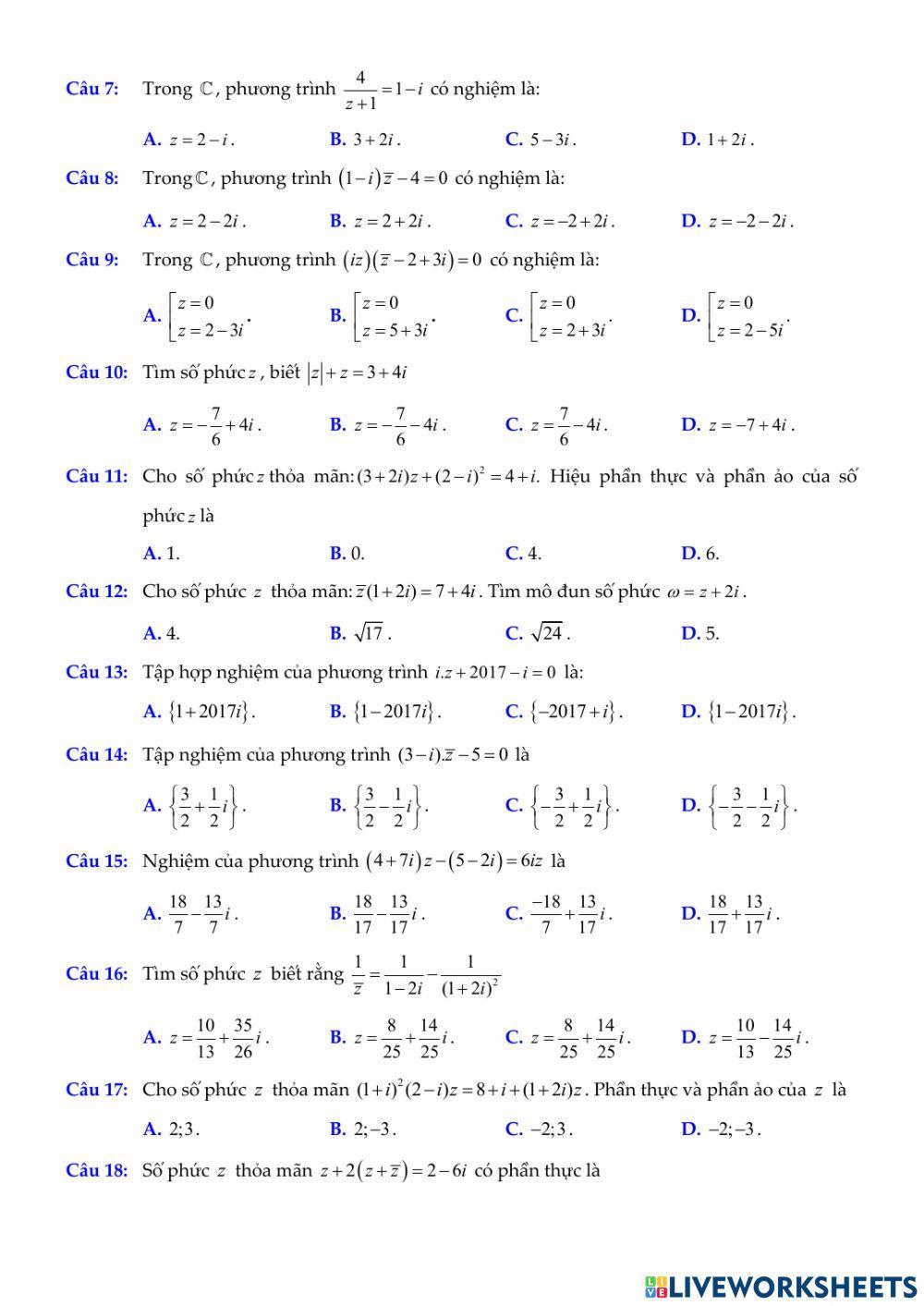 Chủ đề. Phương trình trên tập số phức