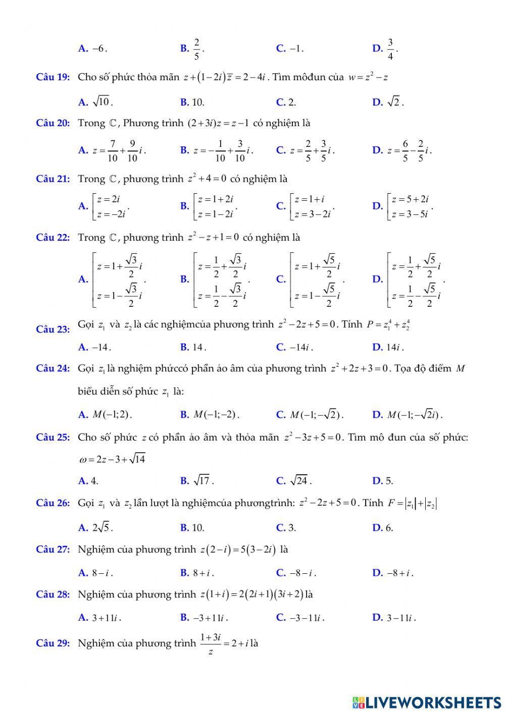 Chủ đề. Phương trình trên tập số phức