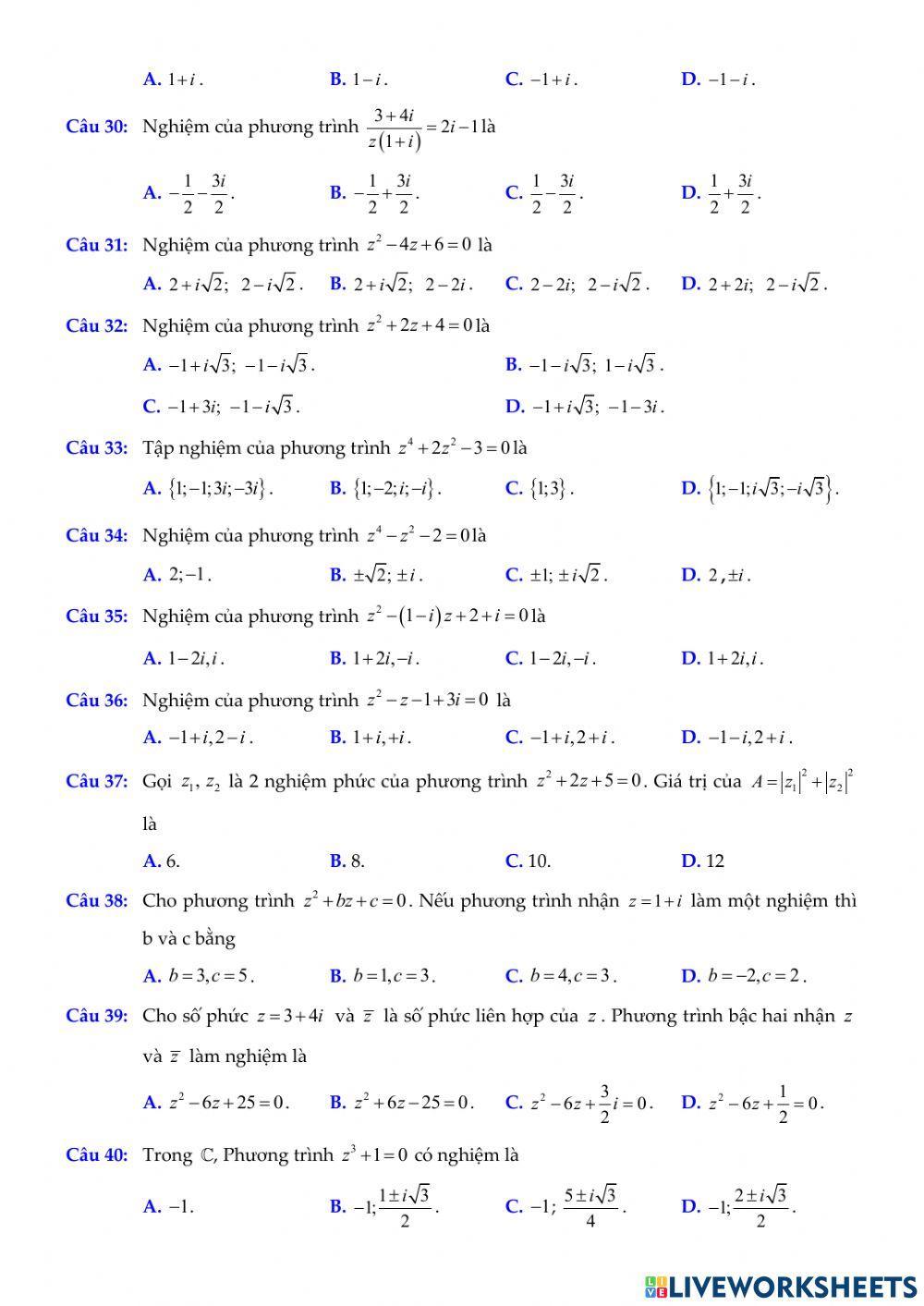 Chủ đề. Phương trình trên tập số phức