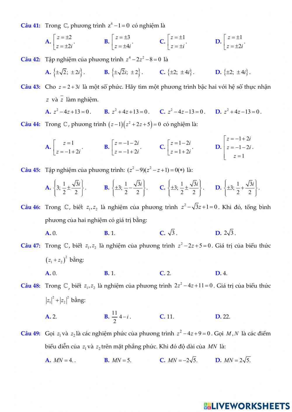 Chủ đề. Phương trình trên tập số phức