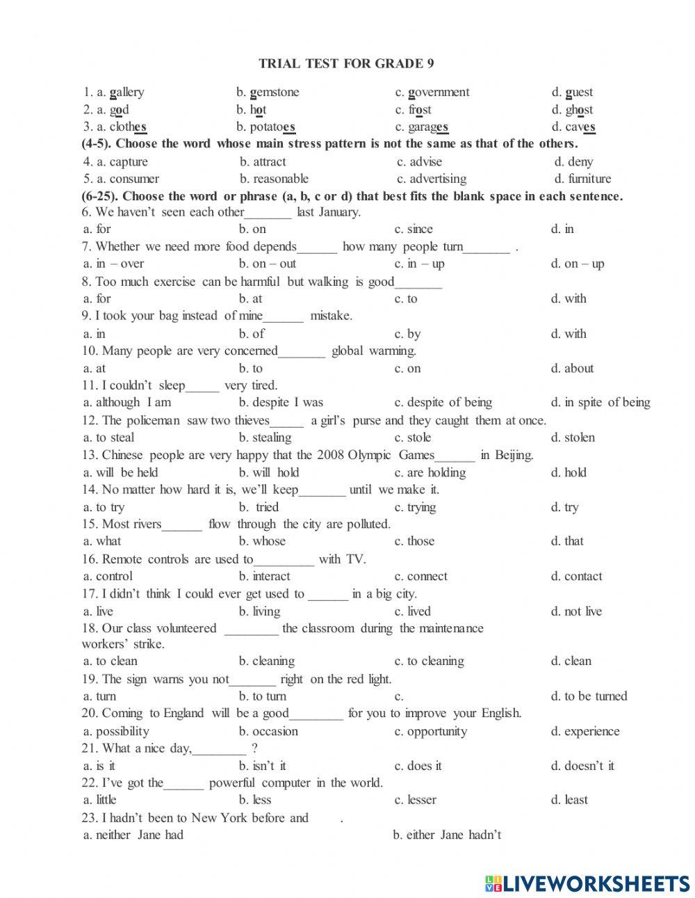 Trial test for grade 9