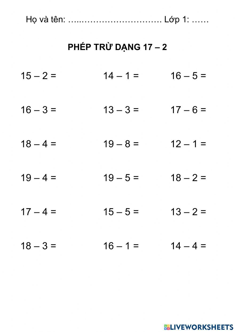 Phép trừ dạng 17 - 2