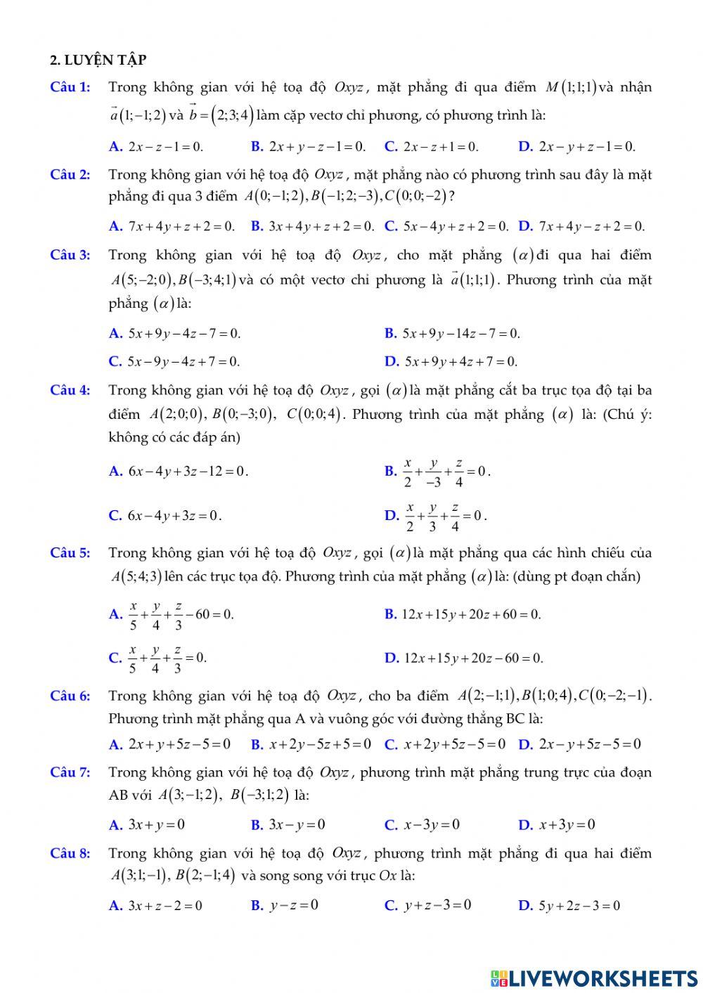 Chủ đề. Phương trình mặt phẳng