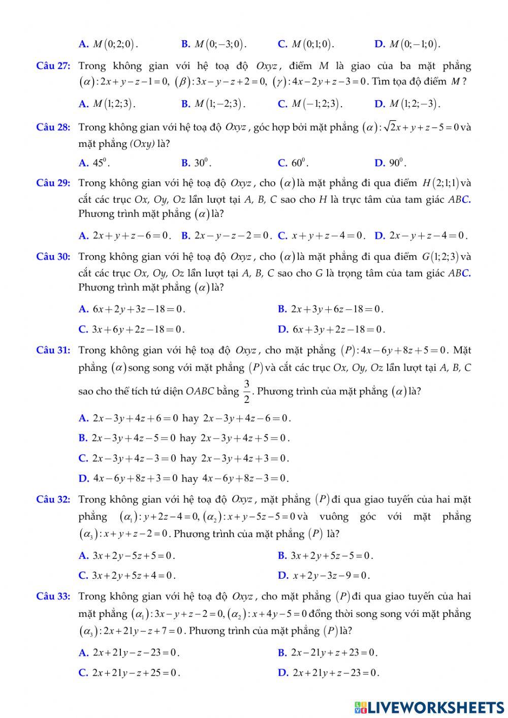 Chủ đề. Phương trình mặt phẳng