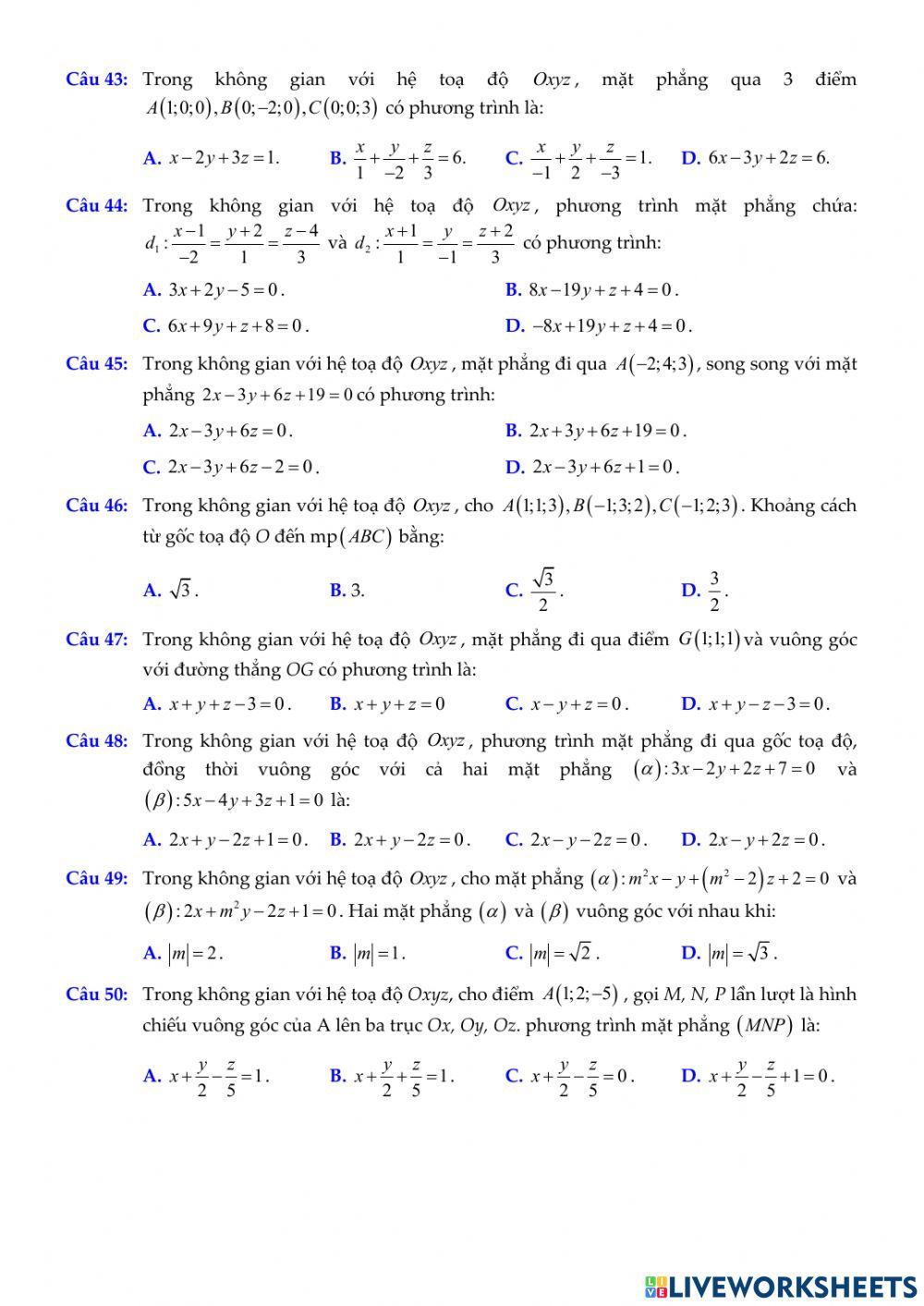 Chủ đề. Phương trình mặt phẳng