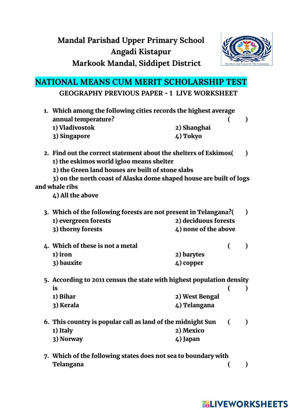 GEOGRAPHY NMMS Previous Paper 1