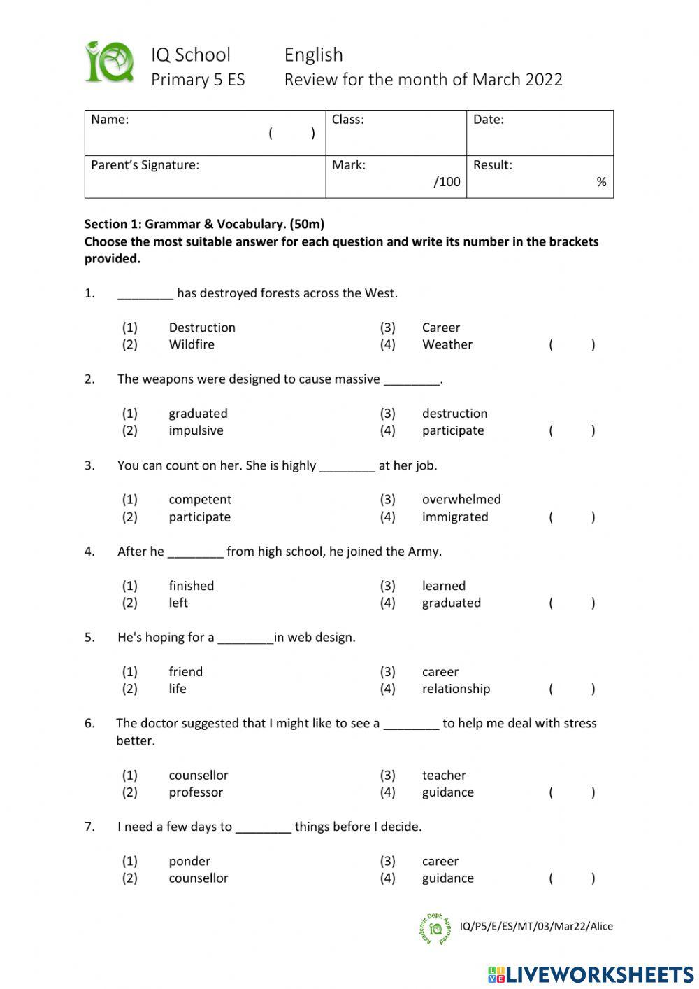 English online exercise for 5 | Live Worksheets