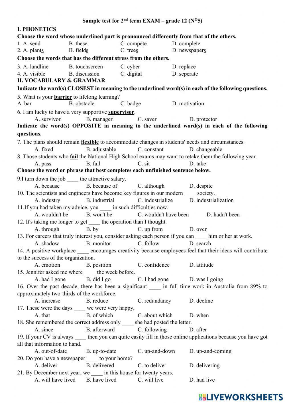 Sample test for 2nd term EXAM – grade 12 (NO5)