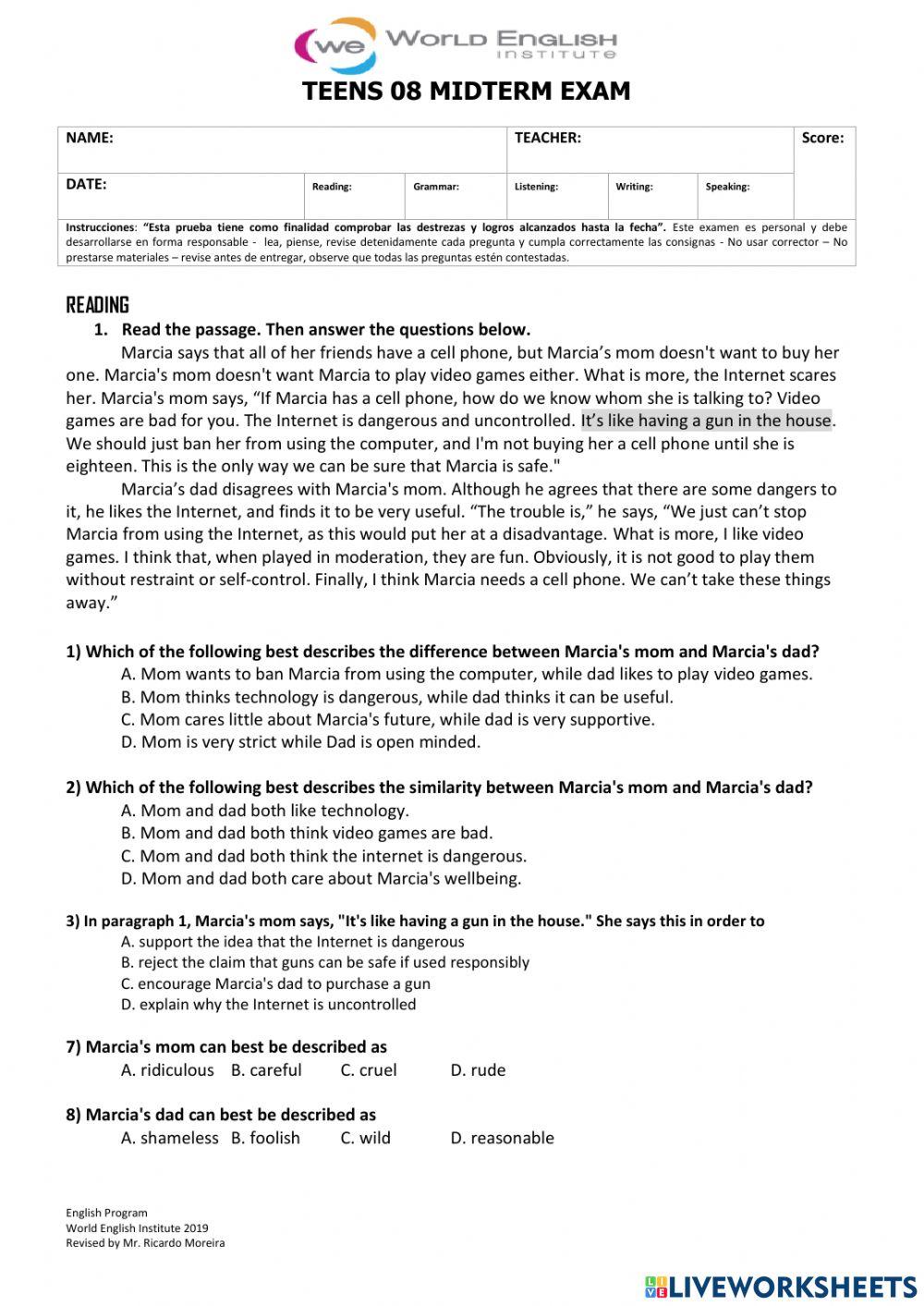 Mid term exam teens 8