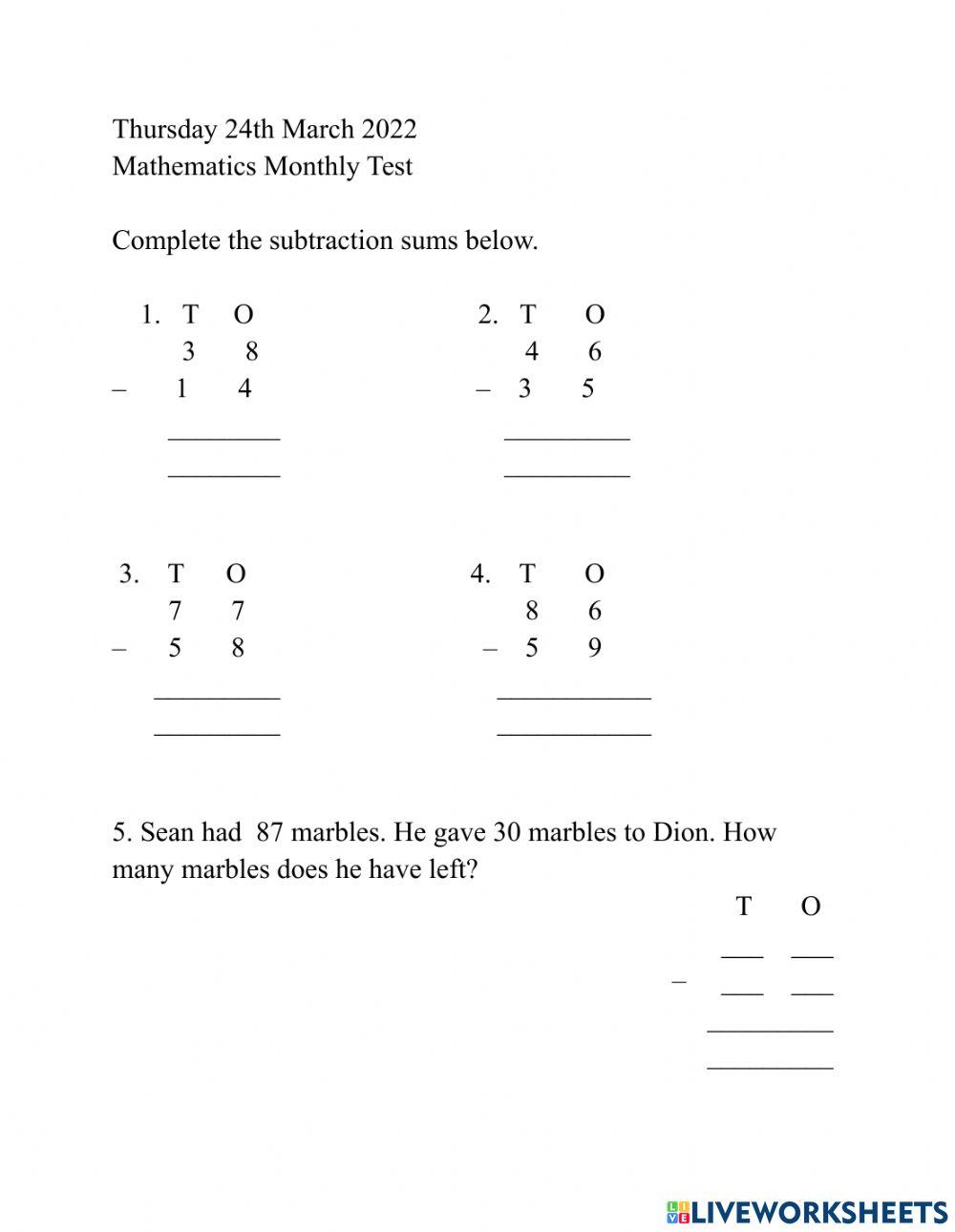 Subtraction with and without regrouping