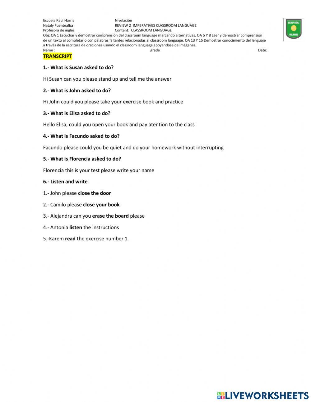 Review 2 classroom language